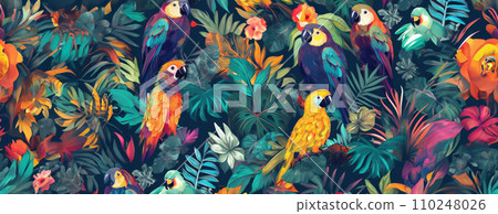 AI-generated content. Tropical exotic pattern with animal and flowers in bright colors and lush vegetation. Ai Generative. 110248026