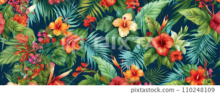 AI-generated content. Tropical exotic pattern with animal and flowers in bright colors and lush vegetation. Ai Generative. 110248109