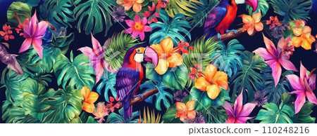 AI-generated content. Tropical exotic pattern with animal and flowers in bright colors and lush vegetation. Ai Generative. 110248216