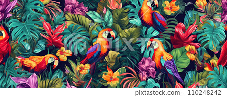 AI-generated content. Tropical exotic pattern with animal and flowers in bright colors and lush vegetation. Ai Generative. AI-generated content. Tropical exotic pattern with animal and flowers in bright colors and lush vegetation. Ai Generative. 110248242