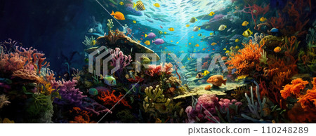 AI-generated content. Tropical sea underwater fishes on coral reef. Aquarium oceanarium wildlife colorful marine panorama landscape nature snorkel diving. AI Generative. 110248289