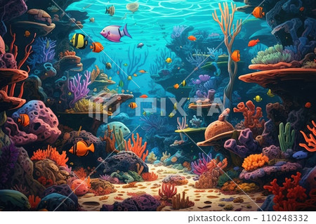 AI-generated content. Tropical sea underwater fishes on coral reef. Aquarium oceanarium wildlife colorful marine panorama landscape nature snorkel diving. AI Generative. AI-generated content. Tropical sea underwater fishes on coral reef. Aquarium oceanarium wildlife colorful marine panorama landscape nature snorkel diving. AI Generative. 110248332