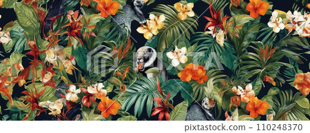 AI-generated content. Tropical exotic pattern with animal and flowers in bright colors and lush vegetation. Ai Generative. 110248370