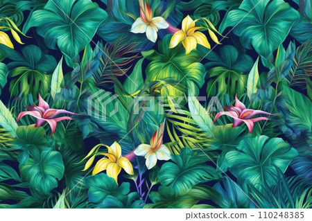 AI-generated content. Tropical exotic pattern with animal and flowers in bright colors and lush vegetation. Ai Generative. 110248385
