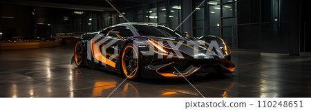 AI-generated content. Futuristic Sports Car On Neon Highway. Powerful acceleration of a supercar on a night track with colorful lights and trails. AI Generative. 110248651