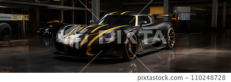 AI-generated content. Futuristic Sports Car On Neon Highway. Powerful acceleration of a supercar on a night track with colorful lights and trails. AI Generative. 110248728