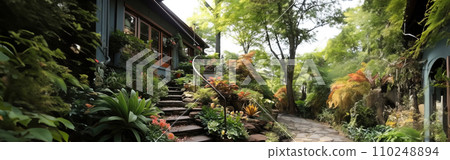 AI-generated content. Backyard oasis with private garden and beautiful landscape. AI Generative. 110248894