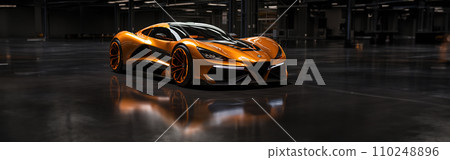 AI-generated content. Futuristic Sports Car On Neon Highway. Powerful acceleration of a supercar on a night track with colorful lights and trails. AI Generative. 110248896