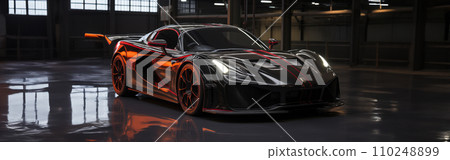 AI-generated content. Futuristic Sports Car On Neon Highway. Powerful acceleration of a supercar on a night track with colorful lights and trails. AI Generative. 110248899