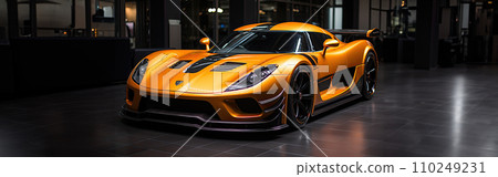 AI-generated content. Futuristic Sports Car On Neon Highway. Powerful acceleration of a supercar on a night track with colorful lights and trails. AI Generative. 110249231