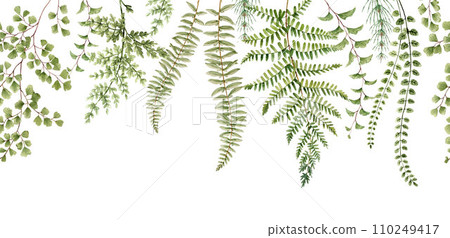 Beautiful seamless horizontal pattern with watercolor hand drawn forest plant leaves and flowers. Popular stock design. Textile print. 110249417