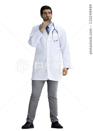 A man in an office suit, on a White background, in full height, thinking 110249494