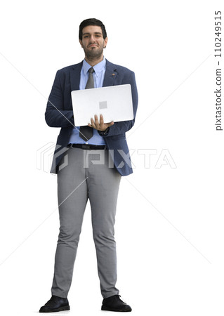 A man in an office suit with a laptop in his hand on a White background A man in an office suit with a laptop in his hand on a White background 110249515