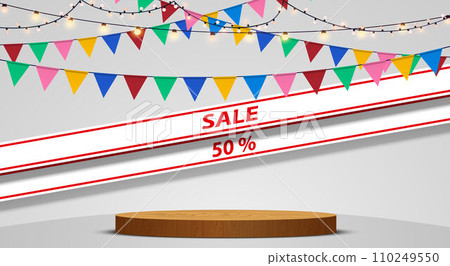 wooden podium with hanging neon light and hanging colorful flags in white room wooden podium with hanging neon light and hanging colorful flags in white room 110249550