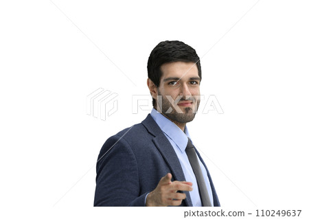 A man in an office suit on a White background close-up points forward in profile 110249637