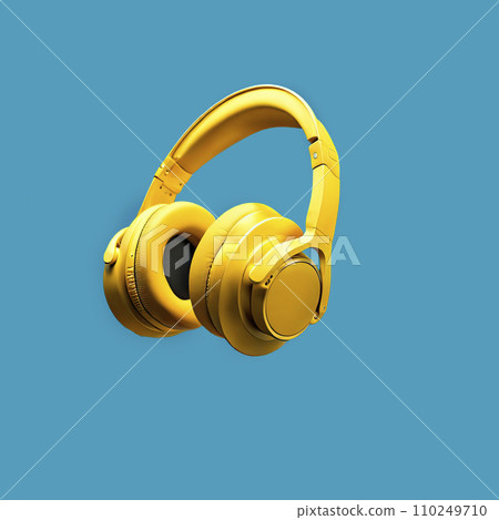 3D yellow headphones flying in the air on a blue background. Concept of listening to music, audio books, learning languages, happy life 3D yellow headphones flying in the air on a blue background. Concept of listening to music, audio books, learning languages, happy life 110249710