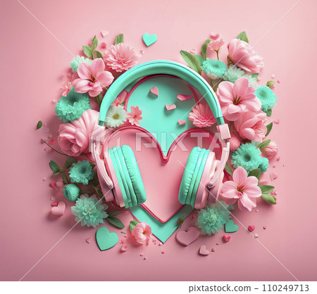 3D mint headphones on a pink background with pink flowers. Concept of listening to music, audio books, learning languages, happy life 110249713