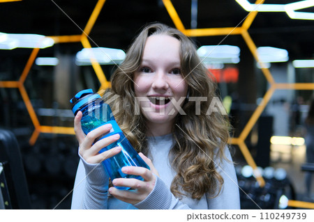 photo set protein. process of coming to gym from toilet locker room to exercise equipment. Woman exercise workout in gym fitness training sport with dumbbell bodybuilding, Athlete builder muscles 110249739