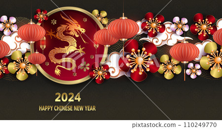 Chinese New Year. Flower garland with balloons and dragon in a round frame Chinese New Year. Flower garland with balloons and dragon in a round frame 110249770