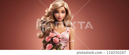 AI-generated content. bright portrait of a blonde with curls in pink on a pink background. Ai Generative. 110250287