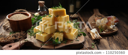 AI-generated content. Cheese mix on wooden plate still-life. Ai Generative. 110250360