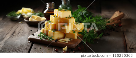 AI-generated content. Cheese mix on wooden plate still-life. Ai Generative. 110250363