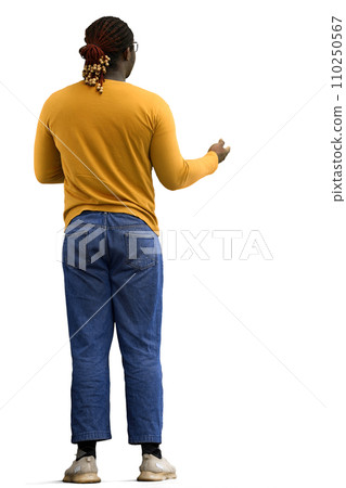 A man in a yellow sweater points to the side on a White background, back view 110250567