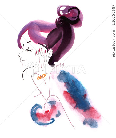 手放在臉頰上的輪廓女人彩色手繪插圖 手放在臉頰上的輪廓女人彩色手繪插圖 110250687