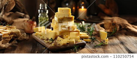 AI-generated content. Cheese mix on wooden plate still-life. Ai Generative. 110250754