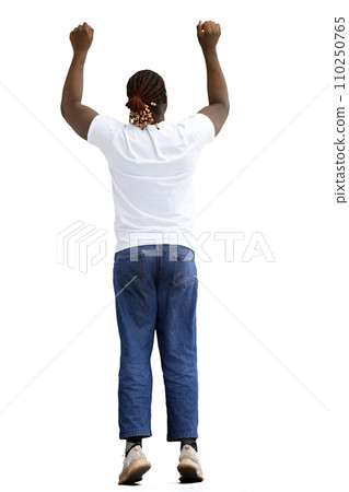 A man in a white T-shirt on a White background with his hands raised up, back view A man in a white T-shirt on a White background with his hands raised up, back view 110250765
