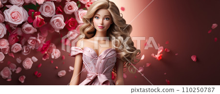 AI-generated content. bright portrait of a blonde with curls in pink on a pink background. Ai Generative. AI-generated content. bright portrait of a blonde with curls in pink on a pink background. Ai Generative. 110250787