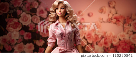 AI-generated content. bright portrait of a blonde with curls in pink on a pink background. Ai Generative. 110250841