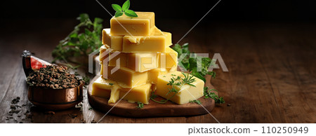 AI-generated content. Cheese mix on wooden plate still-life. Ai Generative. AI-generated content. Cheese mix on wooden plate still-life. Ai Generative. 110250949