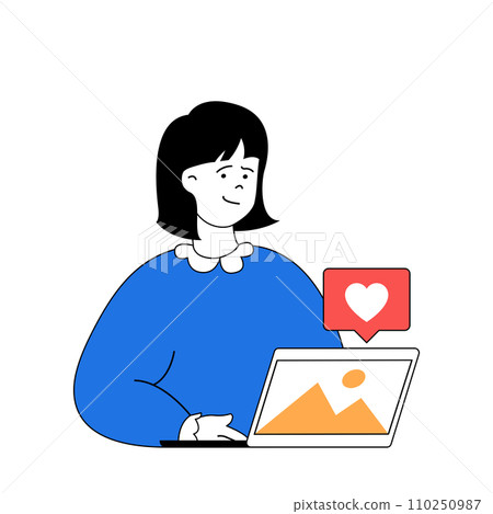 Travel concept with cartoon people in flat design for web. Woman sharing photos from summer vacation at online posts and gets likes. Vector illustration for social media banner, marketing material. 110250987