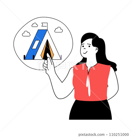 Travel concept with cartoon people in flat design for web. Woman going in summer camping vacation with tent and outdoors hiking. Vector illustration for social media banner, marketing material. Travel concept with cartoon people in flat design for web. Woman going in summer camping vacation with tent and outdoors hiking. Vector illustration for social media banner, marketing material. 110251000