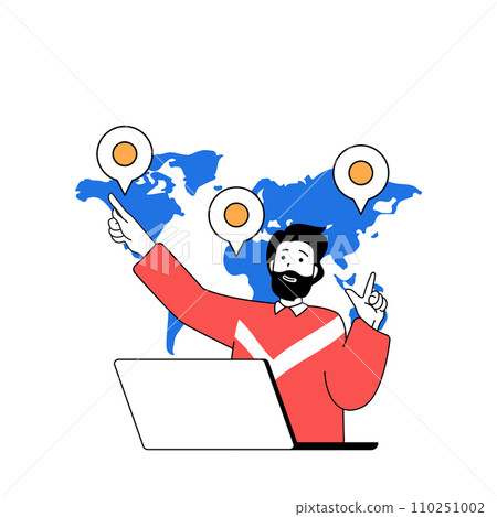 Travel concept with cartoon people in flat design for web. Man planning vacation in different countries and marks locations at map. Vector illustration for social media banner, marketing material. Travel concept with cartoon people in flat design for web. Man planning vacation in different countries and marks locations at map. Vector illustration for social media banner, marketing material. 110251002