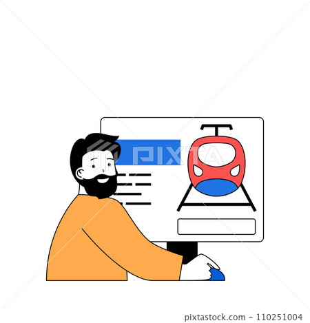 Travel concept with cartoon people in flat design for web. Man planning vacation trip in different country and booking train tickets. Vector illustration for social media banner, marketing material. Travel concept with cartoon people in flat design for web. Man planning vacation trip in different country and booking train tickets. Vector illustration for social media banner, marketing material. 110251004