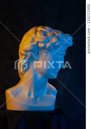 Gypsum copy of head statue David in bright neon colors for artists on a dark background. Face famous sculpture youth of David by Michelangelo. Template design for dj, fashion, poster, zine, collage. 110251008