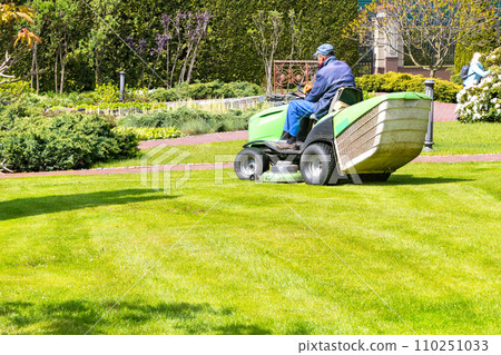 A gardener uses a tractor-type industrial lawn mower to cut the grass. Professional Gardening Details 110251033