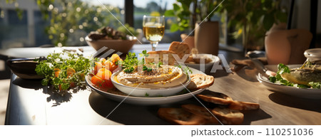 AI-generated content. Hummus in a wooden plate with parsley and croutons. Dishes of chickpeas, a vegetarian dish. Ai Generative. AI-generated content. Hummus in a wooden plate with parsley and croutons. Dishes of chickpeas, a vegetarian dish. Ai Generative. 110251036