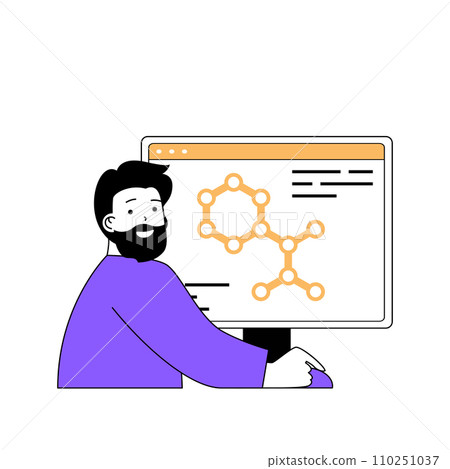 Education concept with cartoon people in flat design for web. Student researching molecules at computer screen, learning biology. Vector illustration for social media banner, marketing material. 110251037