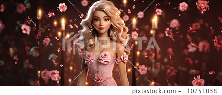 AI-generated content. bright portrait of a blonde with curls in pink on a pink background. Ai Generative. 110251038