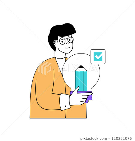 Education concept with cartoon people in flat design for web. Student brainstorming, finding creative ideas and using imagination. Vector illustration for social media banner, marketing material. 110251076