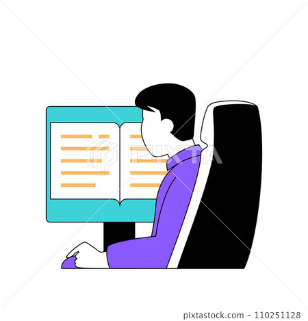 Education concept with cartoon people in flat design for web. Student reading e-book at computer screen, preparing to exam online. Vector illustration for social media banner, marketing material. 110251128
