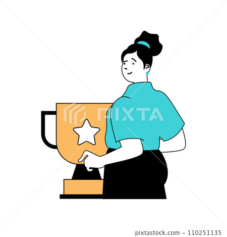 Education concept with cartoon people in flat design for web. Student winning competition, achieving success and getting cup trophy. Vector illustration for social media banner, marketing material. 110251135