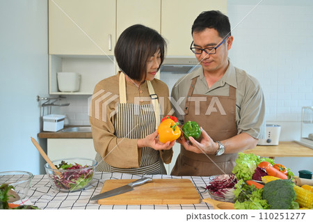 Shot of a happy senior couple making a healthy vegetarian meal in the kitchen. Healthy lifestyle concept. Shot of a happy senior couple making a healthy vegetarian meal in the kitchen. Healthy lifestyle concept. 110251277