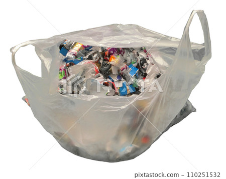 A translucent plastic bag containing plastic recyclable waste 110251532