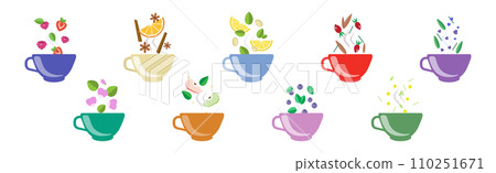 Different Herbal Tea in Cup with Ingredients Vector Set 110251671