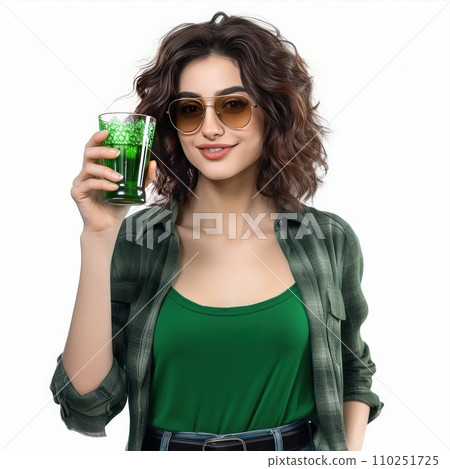 A girl in green clothes with a mug of beer. St. Patrick's Day celebration A girl in green clothes with a mug of beer. St. Patrick's Day celebration 110251725