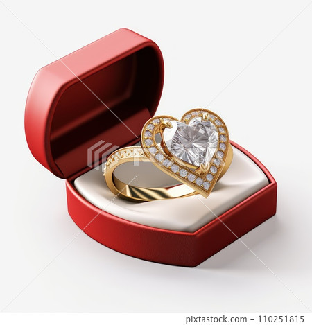 Diamond Ring in shape of heart Yellow Gold Isolated on White Background. 110251815